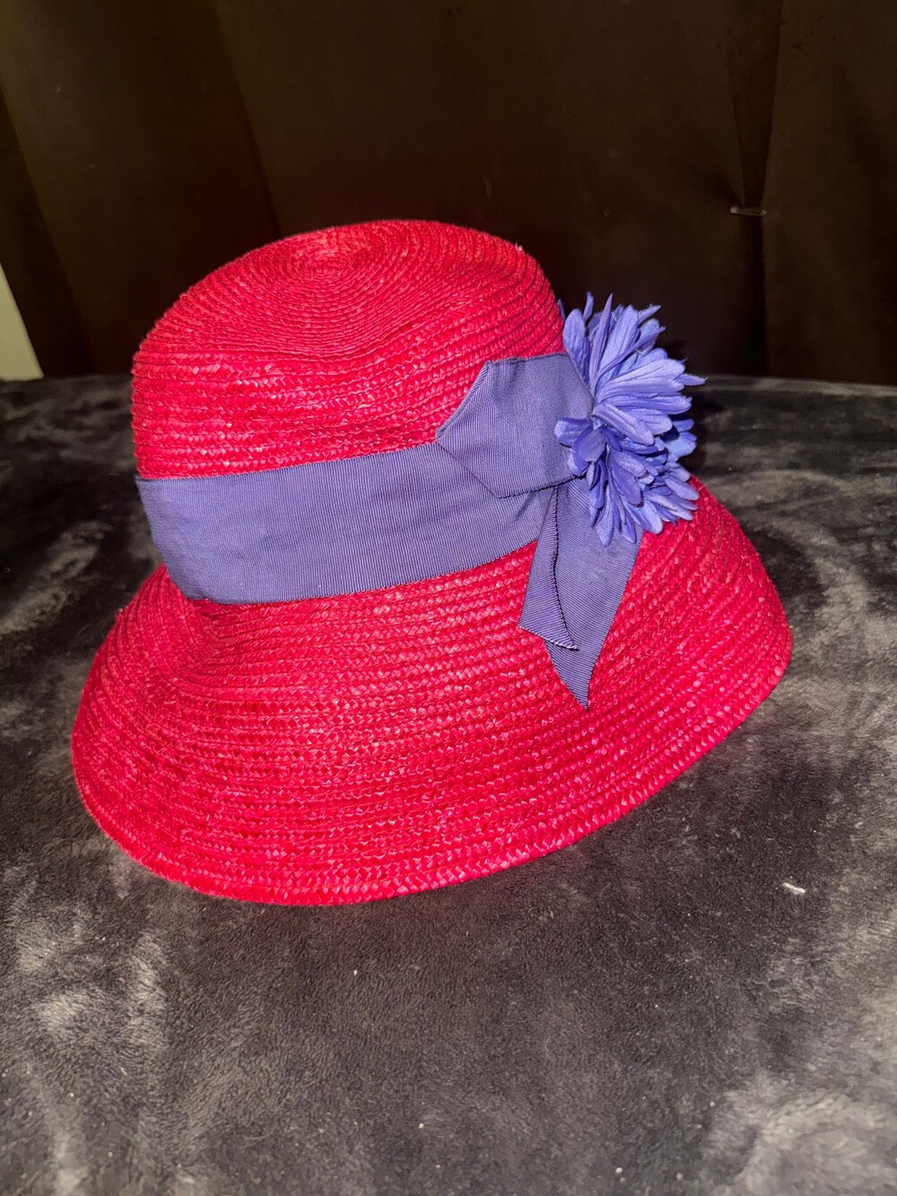 Vintage Betmar Red Straw Hat with Purple Flower Trim